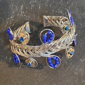 Vintage 90s Y2K Blue Silver Beaded Wire Wrap Detail Cuff Bracelet